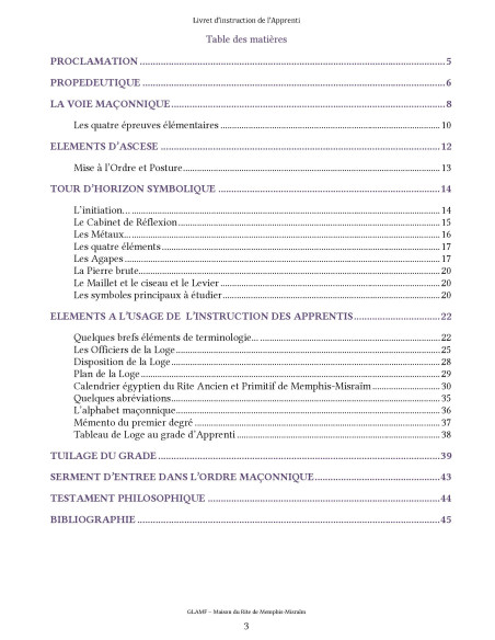 LIVRET D'INSTRUCTION APPRENTI 1er DEGRE RAPMM (Rite Ancien Primitif Memphis Misraim) Vendu par Eosphoros