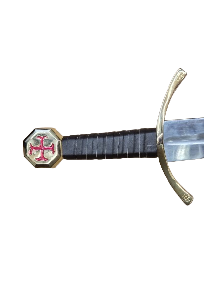 Epée (Glaive) Chevalier templier avec fourreau et ceinture cuir (pommeau Croix templière rouge)