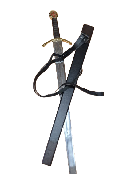 Epée (Glaive) Chevalier templier avec fourreau et ceinture cuir (pommeau Croix templière rouge)