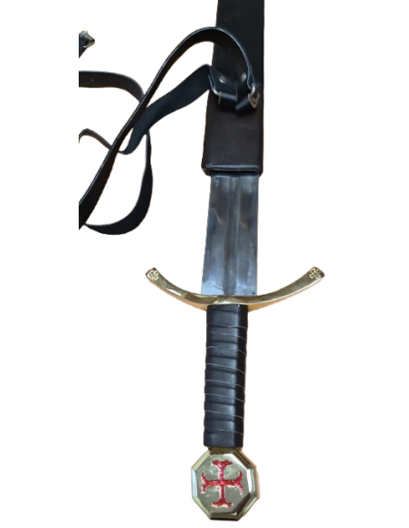 Epée (Glaive) Chevalier templier avec fourreau et ceinture cuir (pommeau Croix templière rouge)