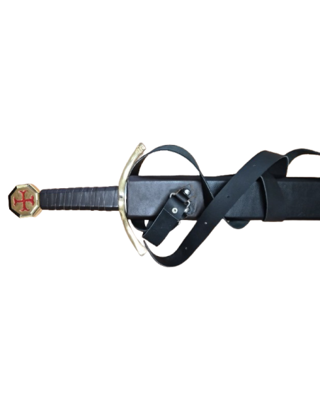Epée (Glaive) Chevalier templier avec fourreau et ceinture cuir (pommeau Croix templière rouge)