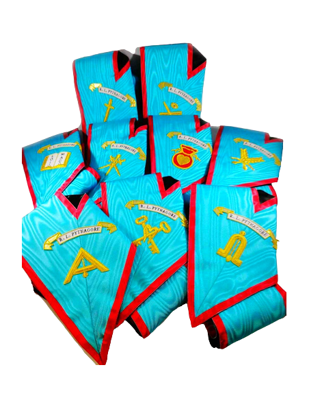 Lot de 9 sautoirs d'Officiers REAA (Rite Ecossais Ancien et Accepté)  Brodés Machine Personnalisés avec nom de Loge (sans bijou)